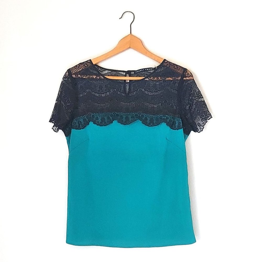 Emerald Green Blouse with Black Lace Yoke | Jewel Tone Evening Top